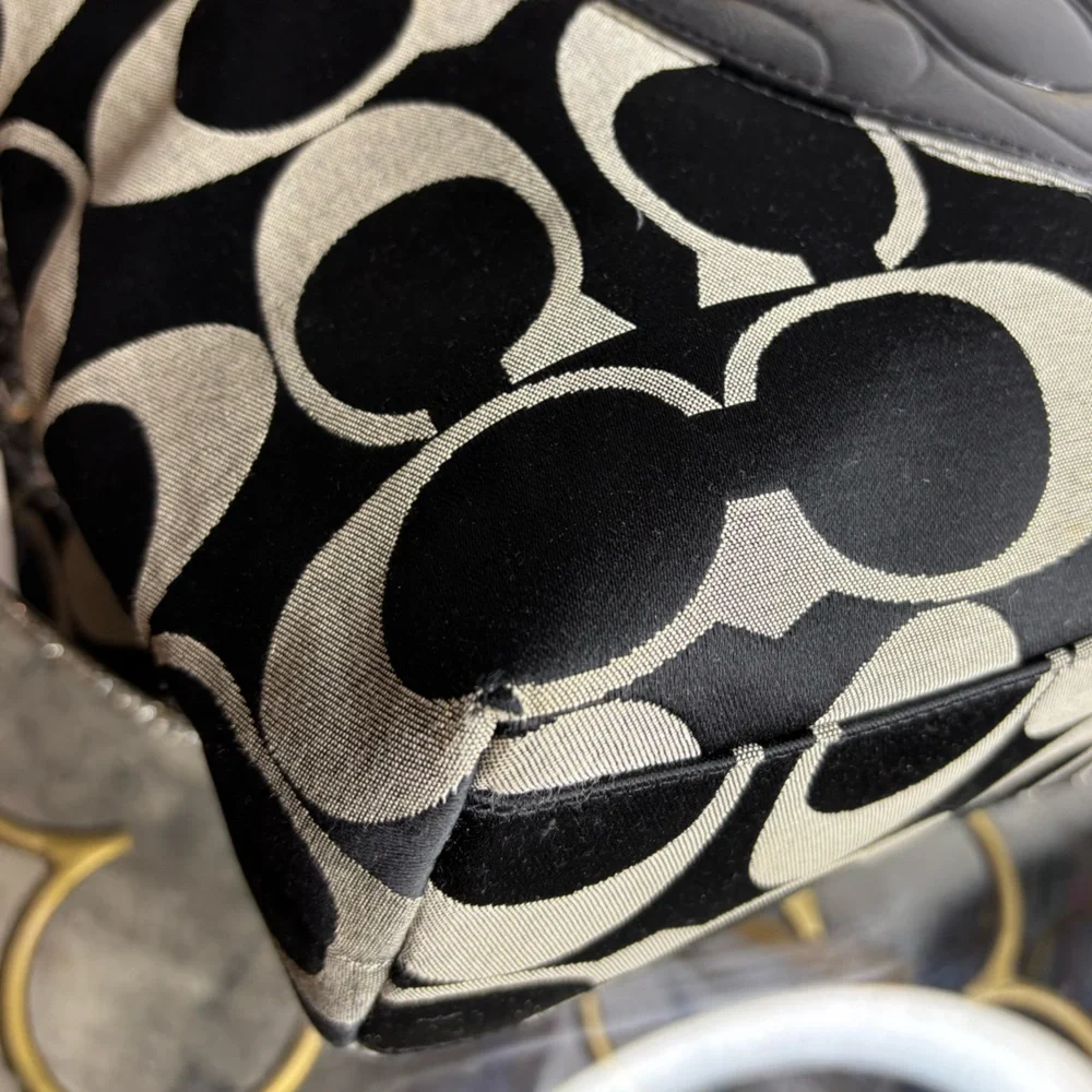 Coach Black and Khaki Signature Canvas Tote with Patent Trim